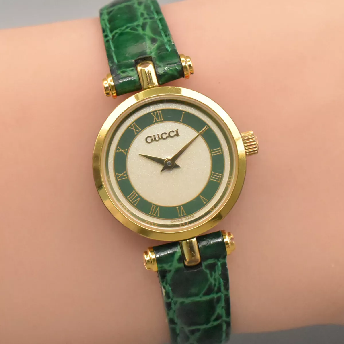 [Presque comme neuve] Montre Gucci 2000L Sherry Line verte originale quart lézard du Japon
