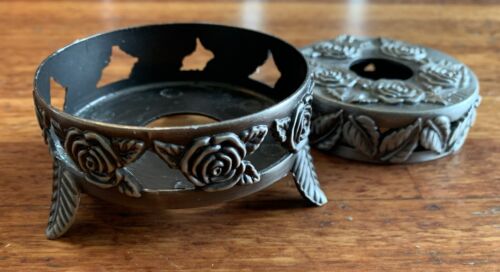 PEWTER CANDLE RING ROSE FLOWERS FLORAL SLEEVE HOLDER Base & Topper - 第 3/5 張圖片