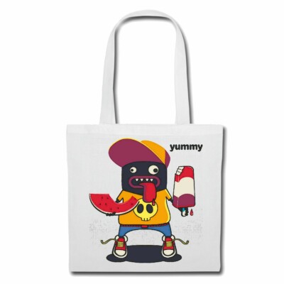 Tasche Beutel Baumwolltasche YUMMY MONSTER BEIM EIS ESSEN MIT MELONE SOFTEIS MIL