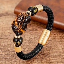 Feng Shui Obsidian Beads Pure Leather Rope Stainless Steel Wealth Lucky Bracelet