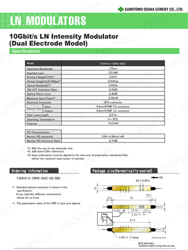 Sumitomo 10Gbit/s LN Modulatore di intensità T.DKH1.5-10PD-ADC modello doppio elettrodo - Foto 4 di 4