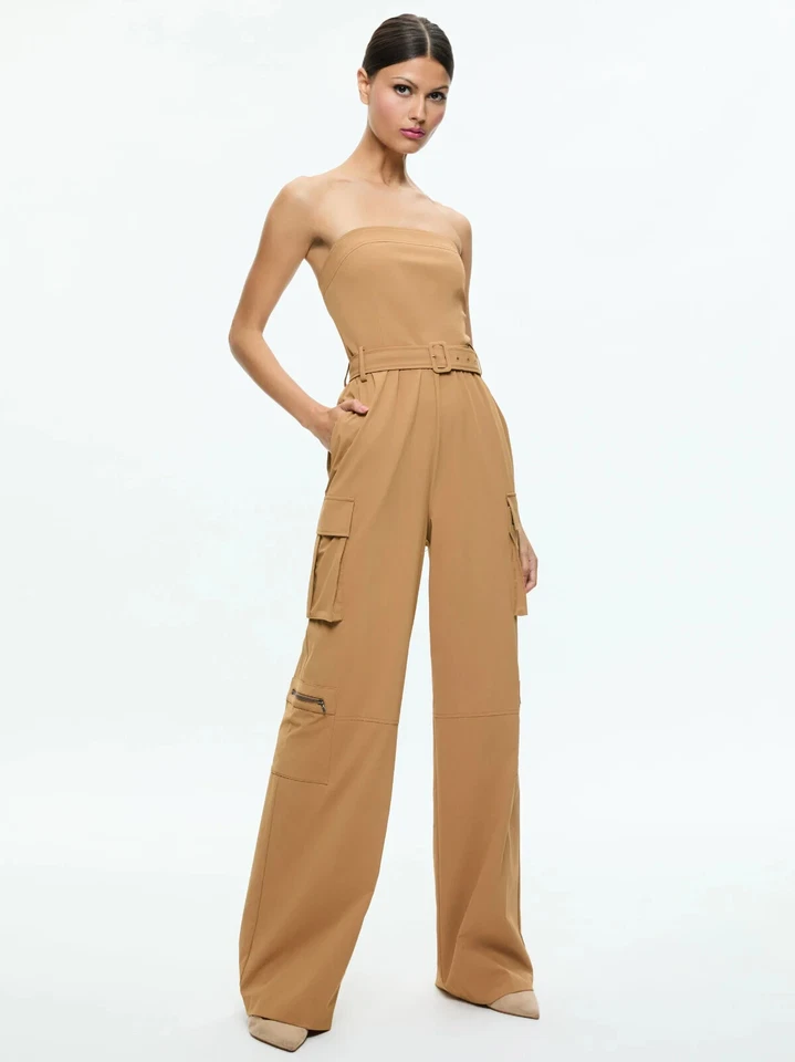 ALICE & OLIVIA (2) SACHIKO STRAPLESS CARGO JUMPSUIT COLOR TAN NWT MSRP$495 - Image 4 of 4