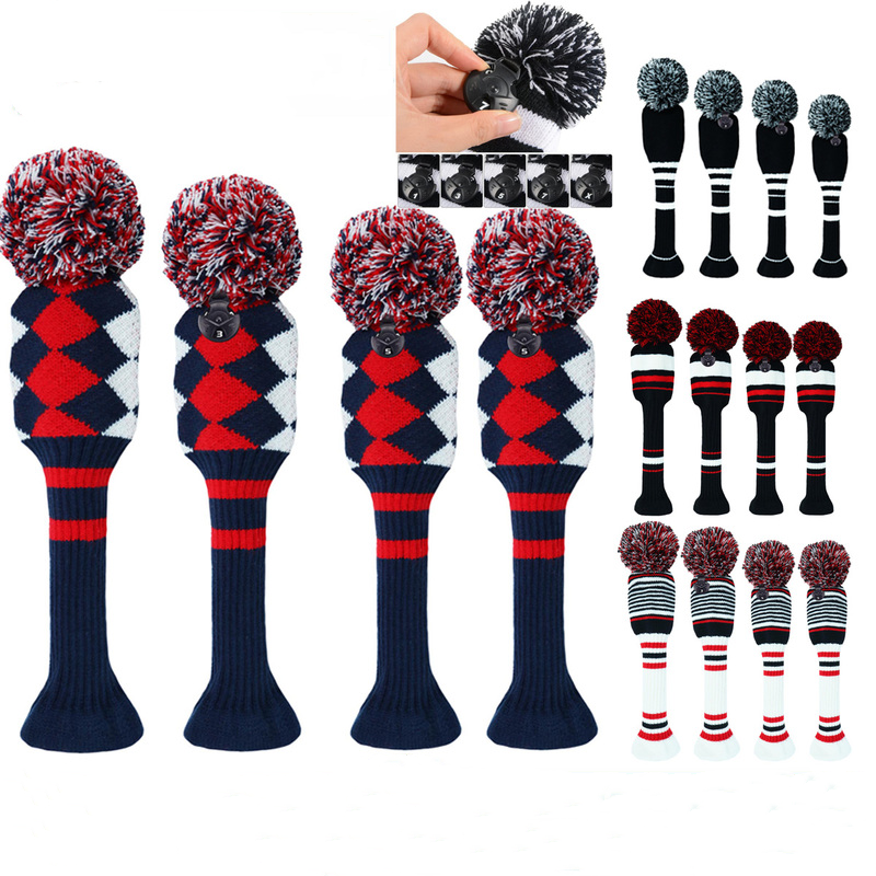3/4 Pack Golf Pom Head Cover Wood Knitted Driver Fairway Hybrid Head