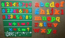 Lot of magnetic alphabet, numbers and mathematical symbols on metal display