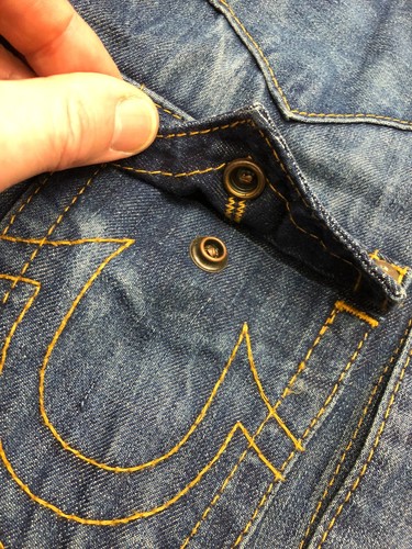 TRUE RELIGION JOHNNY BLUE DENIM JEAN JACKET BLACK HOODIE HOODED TOP MEDIUM - Picture 13 of 24