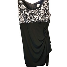 MSK Sheath Dress Womens 14 Black White Excellent Floral Ruched Side Drape Scoop