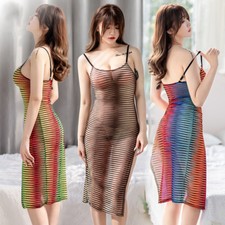 Women's Stripe high split Cocktail Long dress Rainbow Bodycon Sexy Robe Dresses