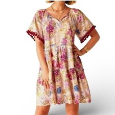 Matilda Jane Tropical Floral Tiered Mini Dress Pom Pom Trim Tassel Tie XL