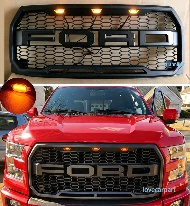 For Ford F150 Grill 2015 2016 2017 Raptor Style Mesh Grille W/LED+Letter Black