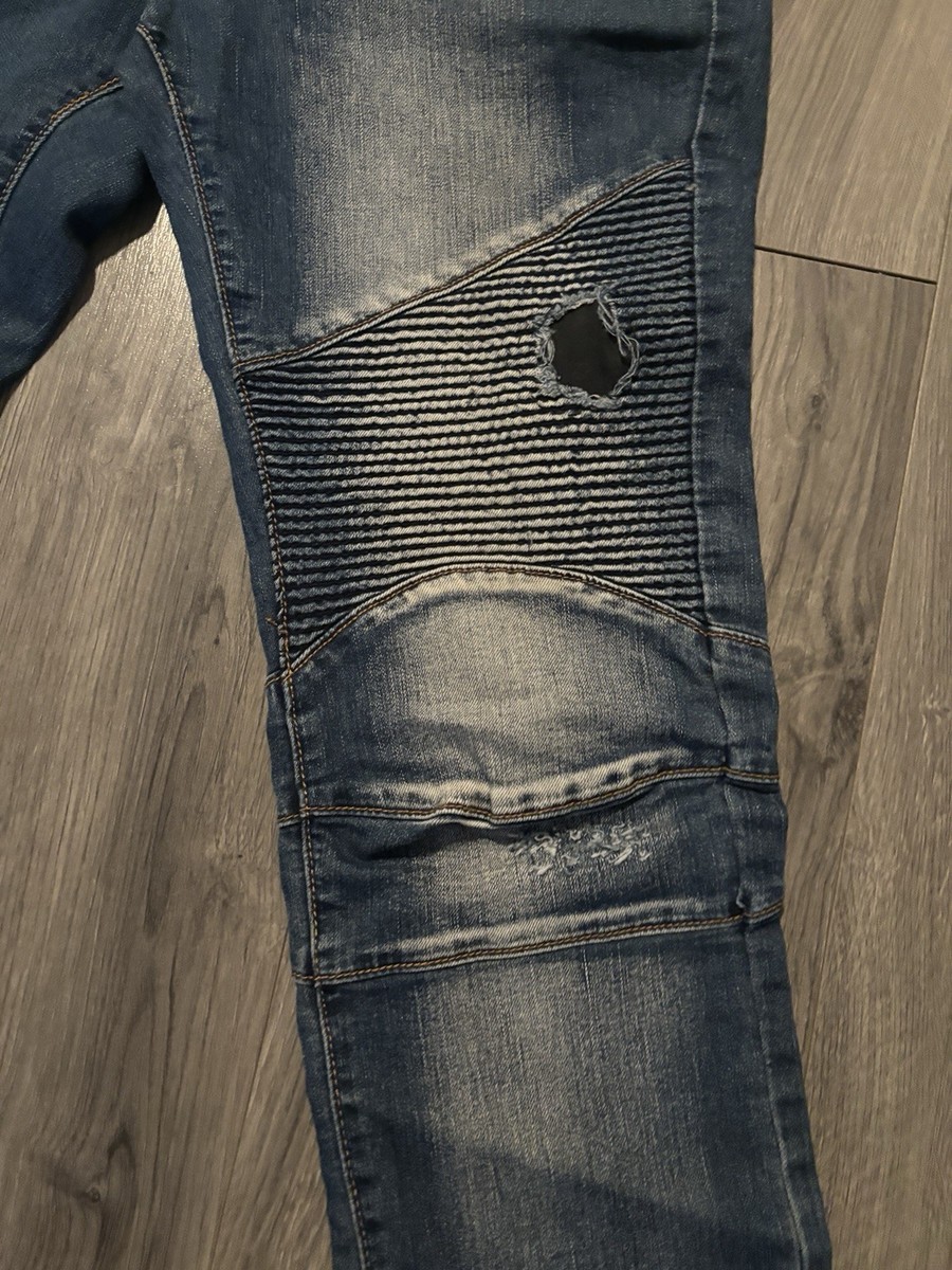 Balmain Men's Biker Jeans Blue Distressed Ribbed Panels Zipper