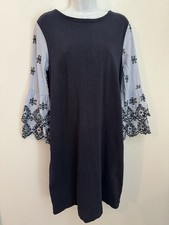 Loft Womens Dress M Navy Blue Long Eyelet Sleeve Mixed Media Knit Stretch Office