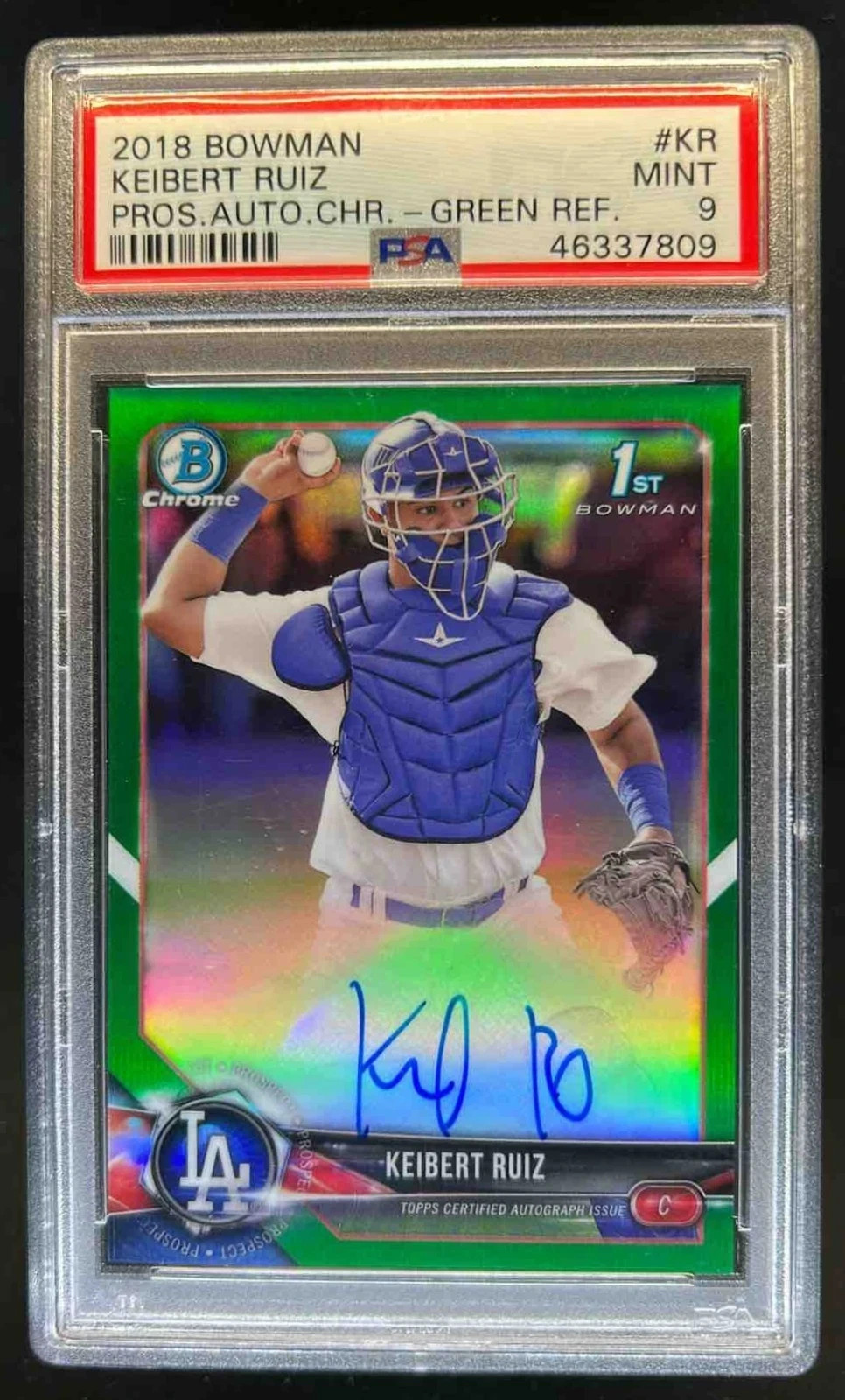 2018 Bowman Keibert Ruiz Chrome 1st Prospect Auto Green #13/99 Dodgers PSA 9