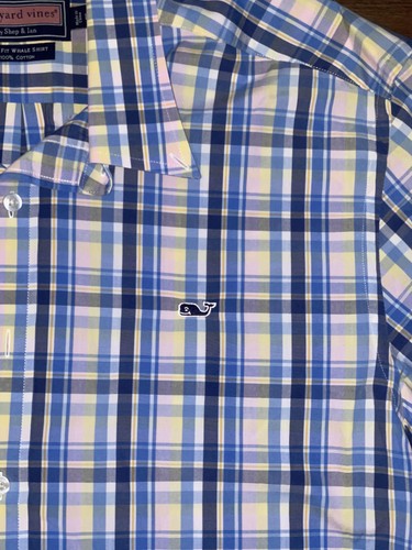Vineyard Vines Shirt Mens Large Blue Yellow Plaid Slim Fit Whale Button Down - Picture 2 of 5