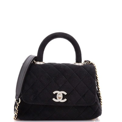 Chanel Coco Top Handle Bag Quilted Velvet with Crystal Detail