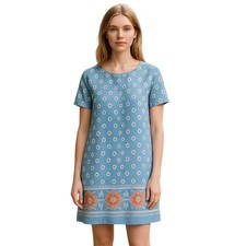 Lulus Secret Paradise Blue Print Shift Dress S Boho Travel Vacation Resortwear