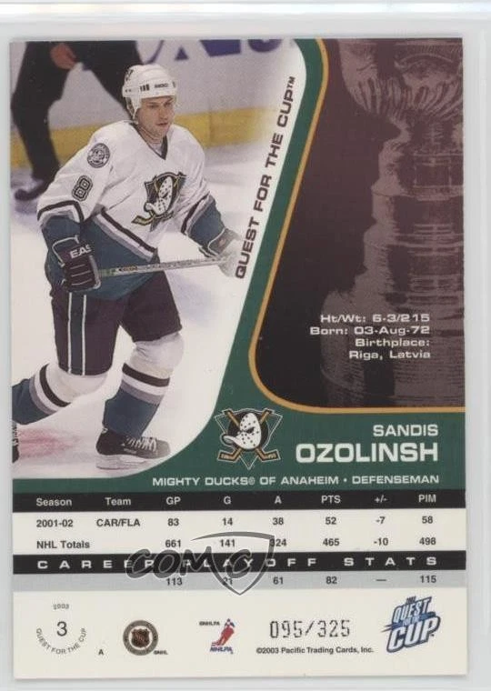 2002-03 Pacific Quest for the Cup Gold /325 Sandis Ozolinsh #3 - Image 2 of 2