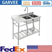 Commercial Kitchen Sink with Faucet and Storage Shelves Freestanding Double Bow
