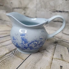 Vintage Japanese Waves Blue White Garden Pitcher Jug Pot 6x4" Japan