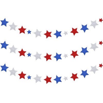 3Pcs Patriotic Streamer Banner Glitter Red White Blue Star Garland Sparkling Han