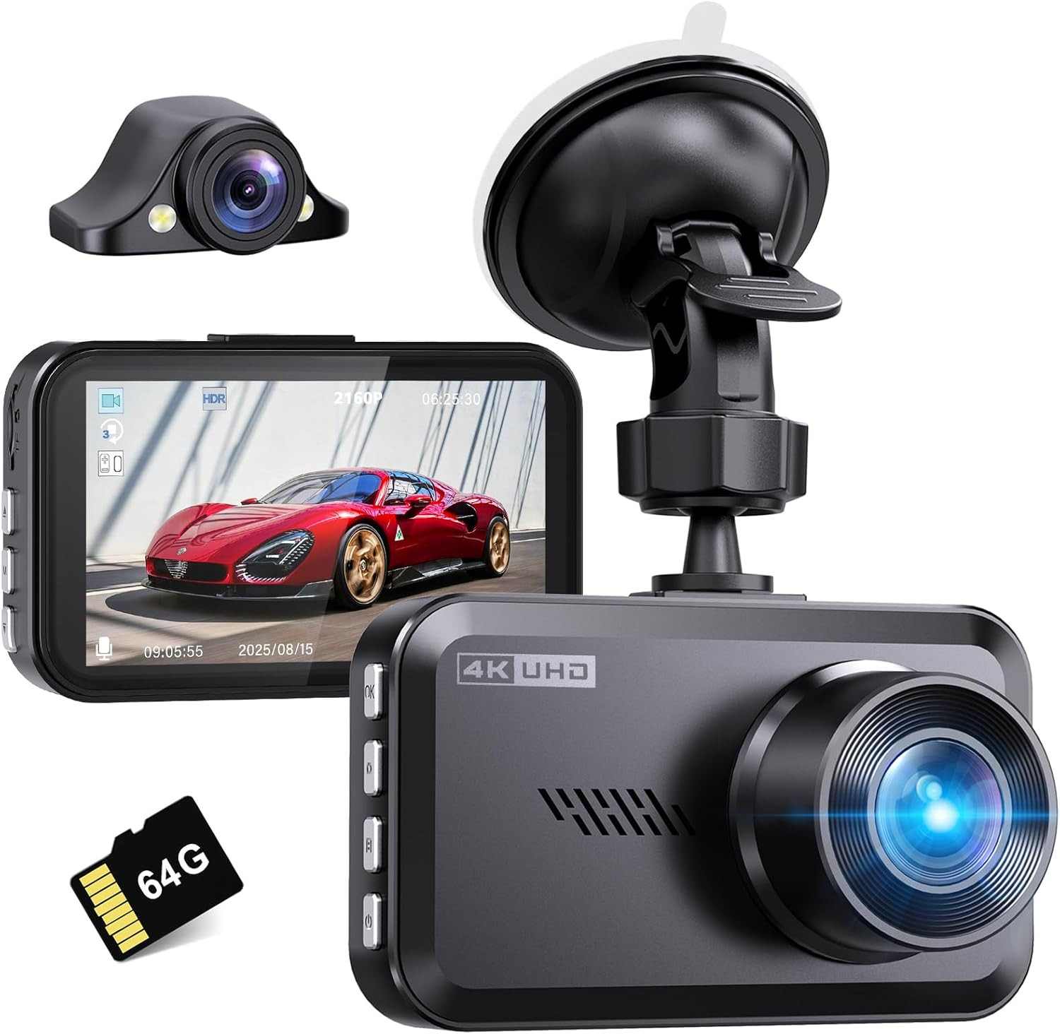 4K+2.5K Doppia Dashcam,Scheda SD 64G,2160P+1600P UHD Telecamera per Auto,Dash Ca