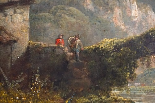 CHARLES H SCHWANFELDER 1774-1837 FIGURES ON ANCIENT BRIDGE Antique Oil Painting - Picture 6 of 18