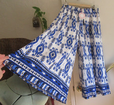 UMGEE Blue White Boho Rayon Wide Leg Pants Elastic Waist Pockets Lined, NWT, Med