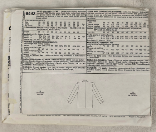 VTG 90s McCall's Pattern 6443 Men's Jacket Blazer Sport Coat 44 46 48 Uncut - Picture 3 of 3