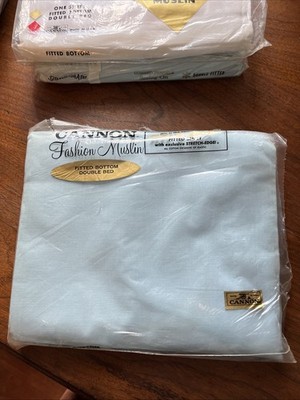 Vintage Cannon Fashion Muslin Sheet Fitted Double Bed - Blue USA MADE NOS