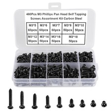 480Pcs Self Tapping Screws Black,M3 Small Wood Screws Kit,Round Head Self Drilli