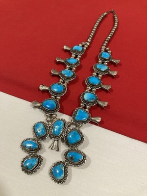 Vintage NATIVE AMERICAN Sterling Silver Turquoise Squash Blossom Necklace 25.5 