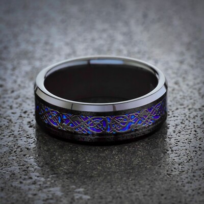 Celtic Tungsten Ring Black Blue Inlay Mens Ring Beveled Edge