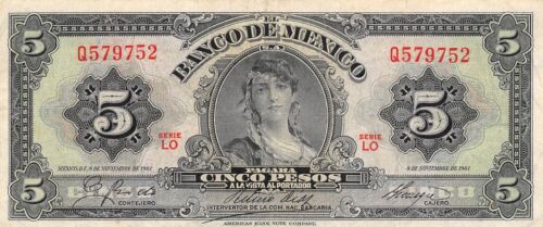 Mexico  5  Pesos  8.11.1961  Series  LO  Prefix  Q  Circulated Banknote Qash11 - Picture 1 of 2