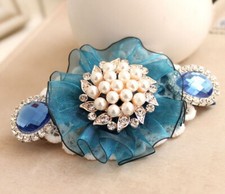 1 Pc Of Handcrafted Fabric Lace Hair Clip beaded with Gem and Charm Blue