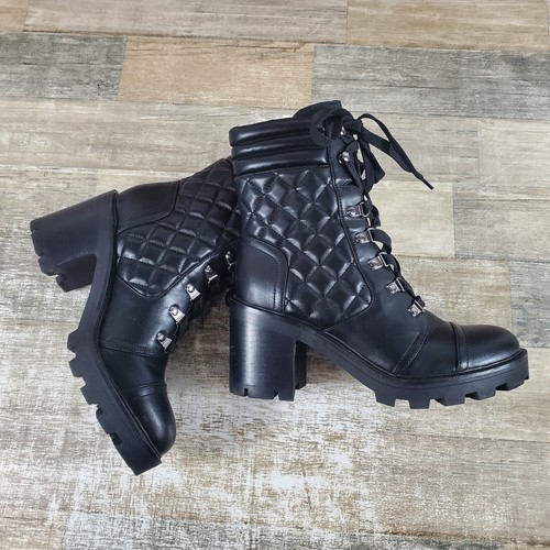 Nine West Unite Womens Booties Sz 8 M Black Leather Lug Sole Knee High Boots