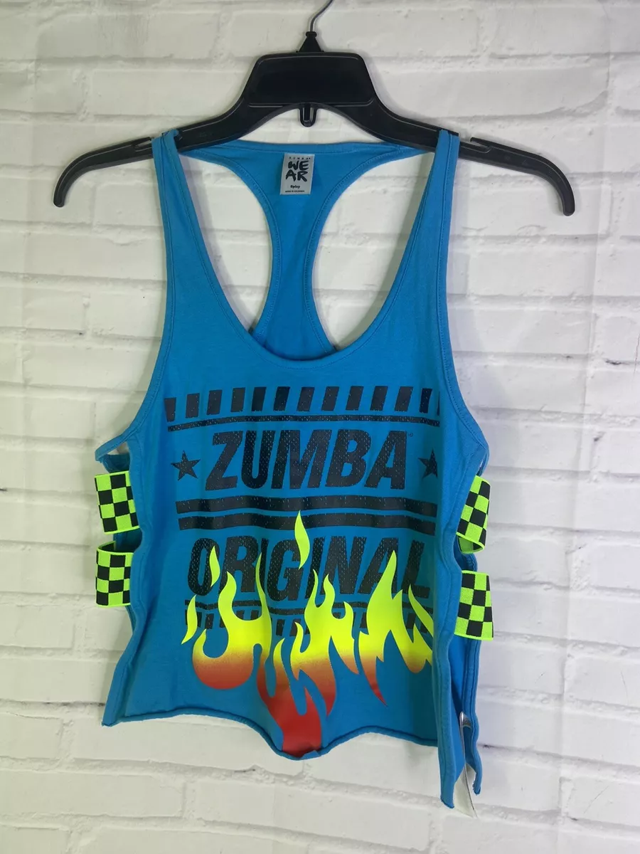 Zumba Wear Original Spicy Racerback Tank Top Flames Open Side Blue Womens Size S