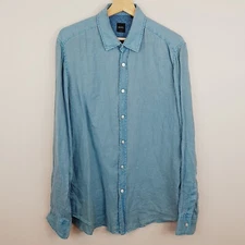 HUGO BOSS Mens Size M Worn Blue Ronny Slim Fit Linen Long Sleeve Shirt