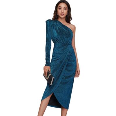 Shein Blue Modely One Shoulder Wrap Hem Glitter Cocktail Dress Womens Large  | eBay