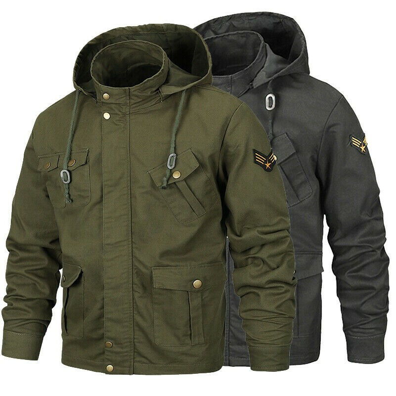 Men Jacket Army Overcoat Pilot Hooded Casual Coat Bomber Fly