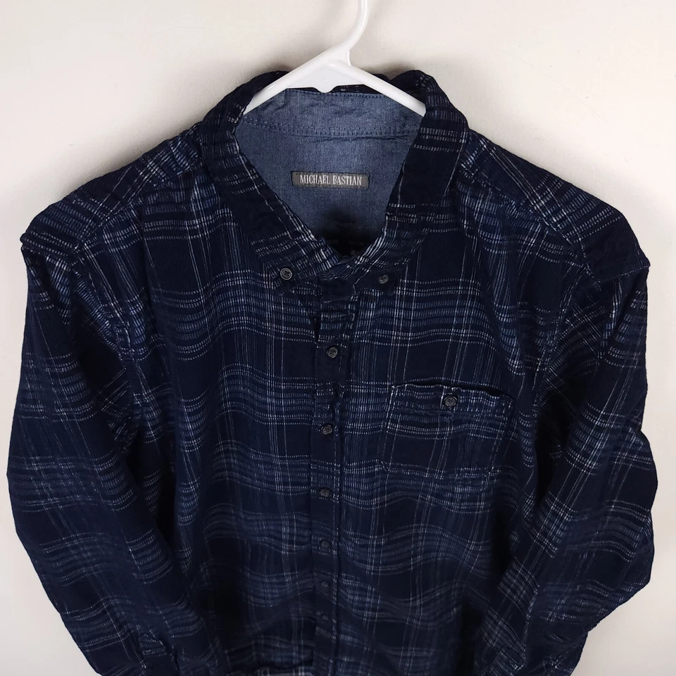 Camisa Michael Bastian Para Hombre Grande Azul Blanco Pana Cuadros Algodón Abotonada Foto 3 de 4