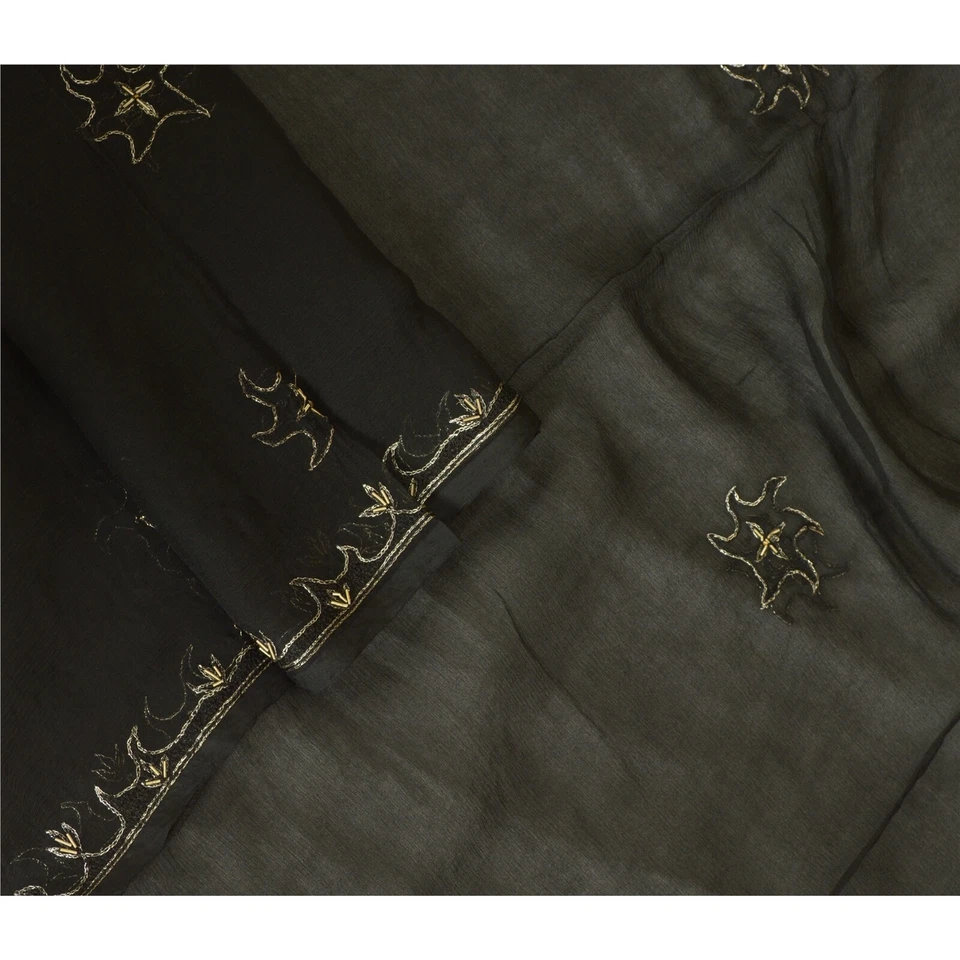 Bufandas Sanskriti Vintage Largas Negras Dupatta/Estola Pura Gasa Seda Cuentas a Mano Foto 3 de 4