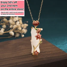 Jade Pendant Necklace Enamel Charm 18K Gold Plated Chain Bamboo Dainty Gemstone