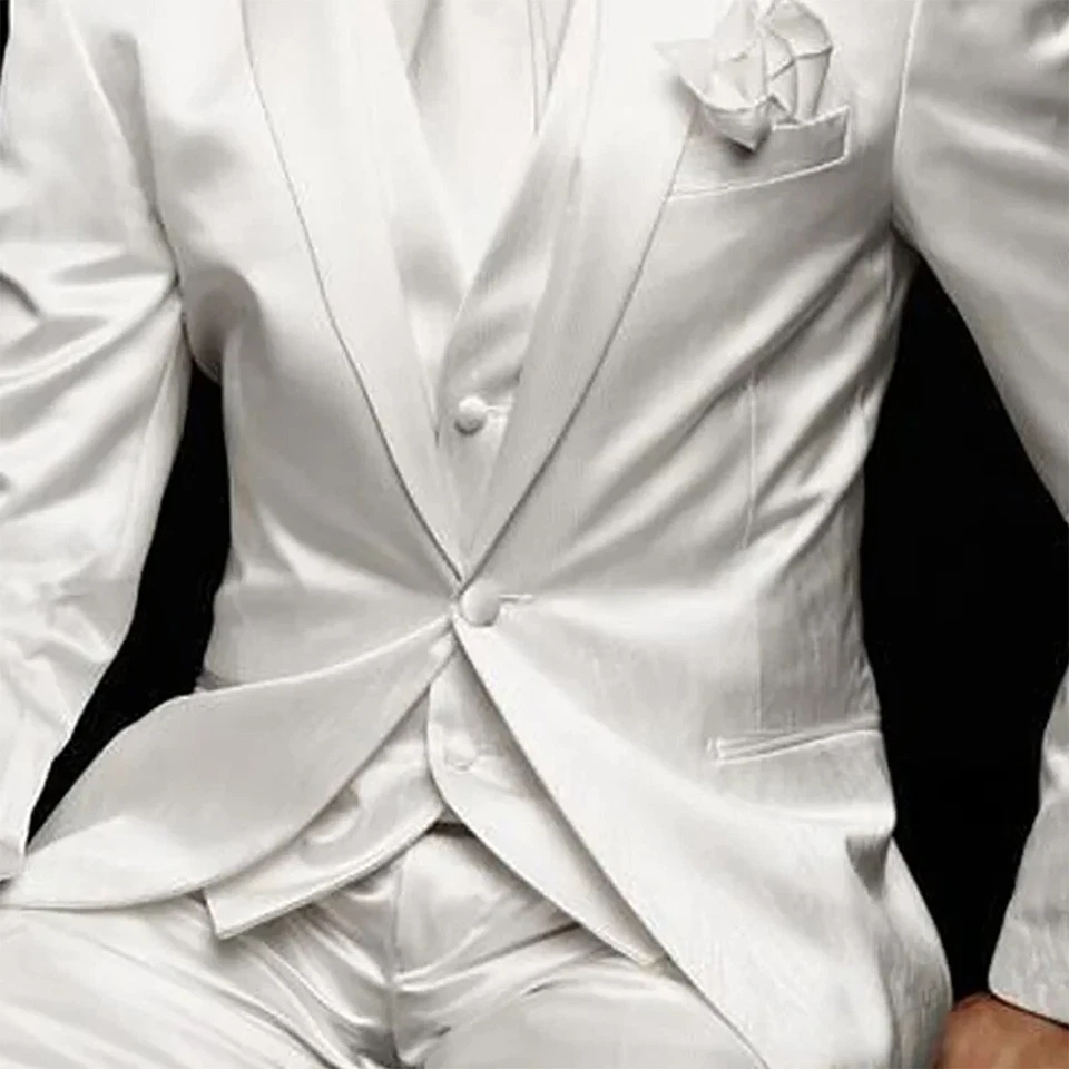 Shiny Satin Silk Men Suits 3pcs Sets Slim Fit Formal Prom Peak Lapel Tuxedos - Image 3 of 4