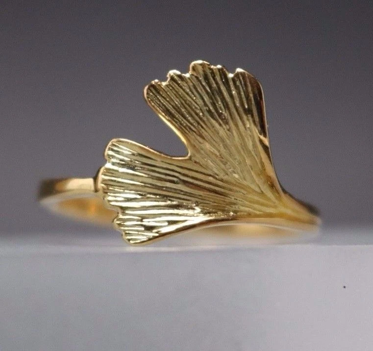 Damenring Ginkgoblatt Ring Ginkgo Gelbgold - 925 Sterling Silber vergoldet Ginko - Bild 1 von 4