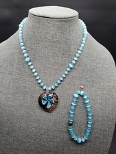 Blue Swirl Round Acrylic/Glass Bead Strand Floral Pendent Necklace/Bracelet Set