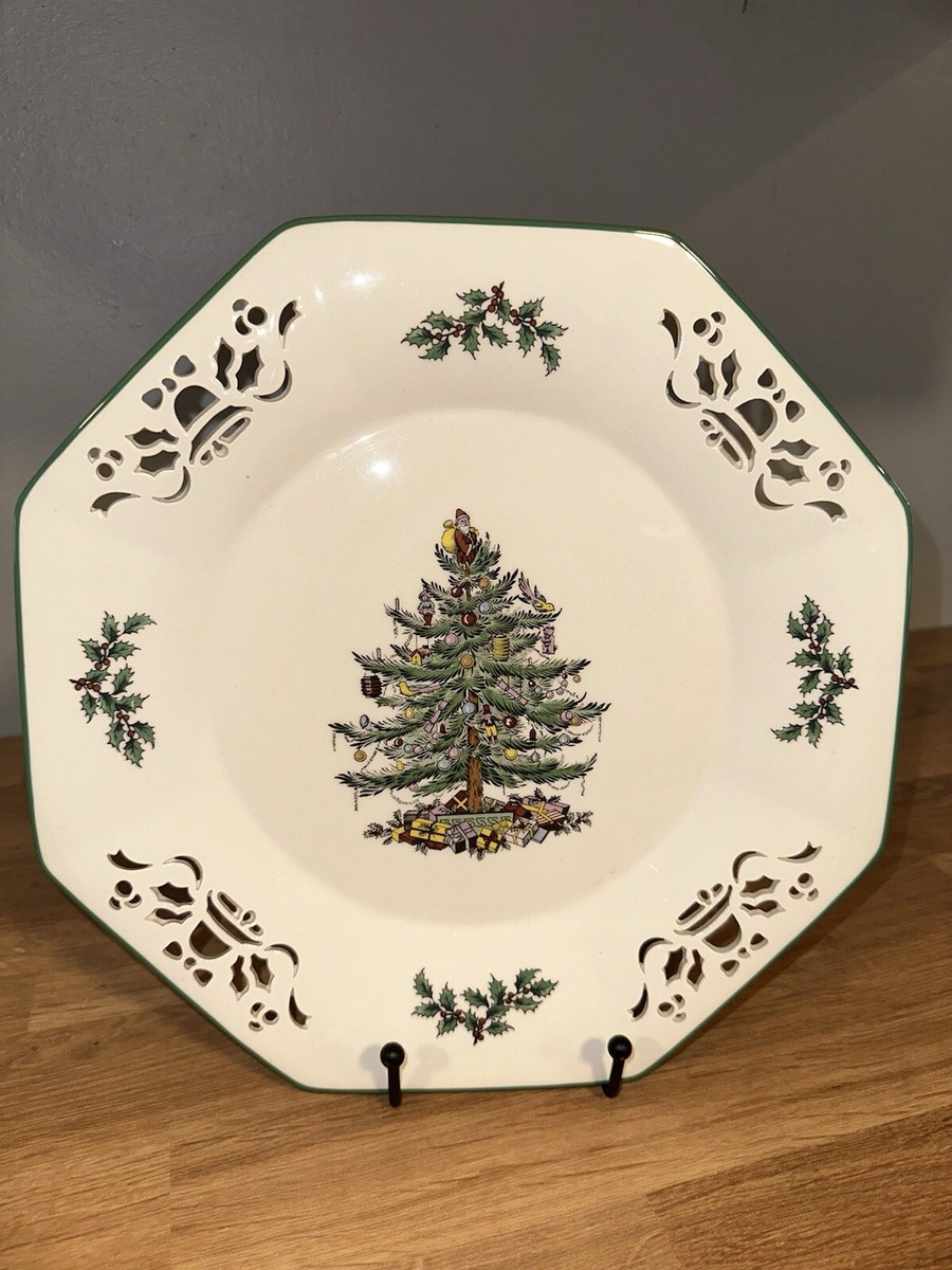 HTF Spode Christmas Tree Pierced 11” Octagon Holiday Serving Dish Plate Tray