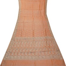 Vintage Salmon Sarees 100 Pure Silk Woven Hand Embroidered Sari Craft Fabric