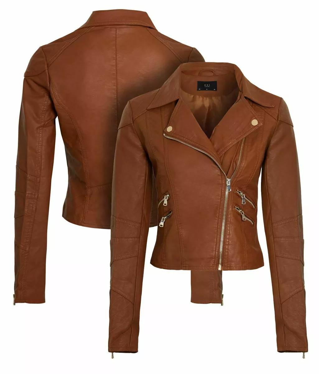 Womens Genuine leather Biker Jacket Ladies Brown Tan Coat Size XS S M L XL New