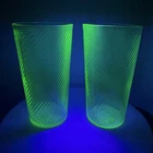 Set of 2 Vtg Federal Co Glass Corded Optic Swirl Tumbler Green Uranium 5" Glows