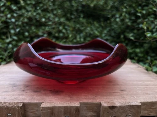 VTG MCM Ruby Red Art Glass Pedestal Bowl Crimped Rim Viking Blenko Style
