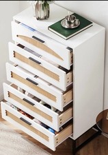 5 Drawer Rattan Chest of Drawers, Wooden Frame, Mid-Century Modern Handles & Leg